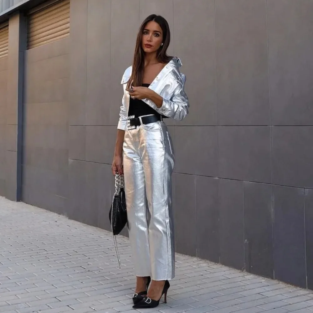 Zara SET  2 pc Metallic Crop Jacket and  Jeans size S and 0 Silver Foil